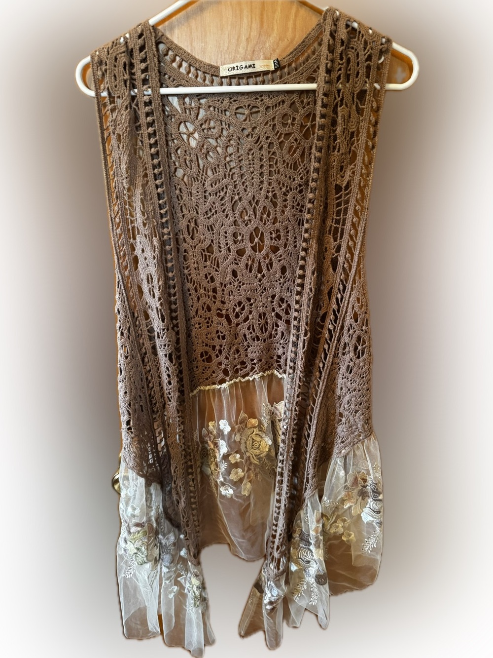 Origami Crochet Lace Brown Tunic with Embroidered Sheer Hem